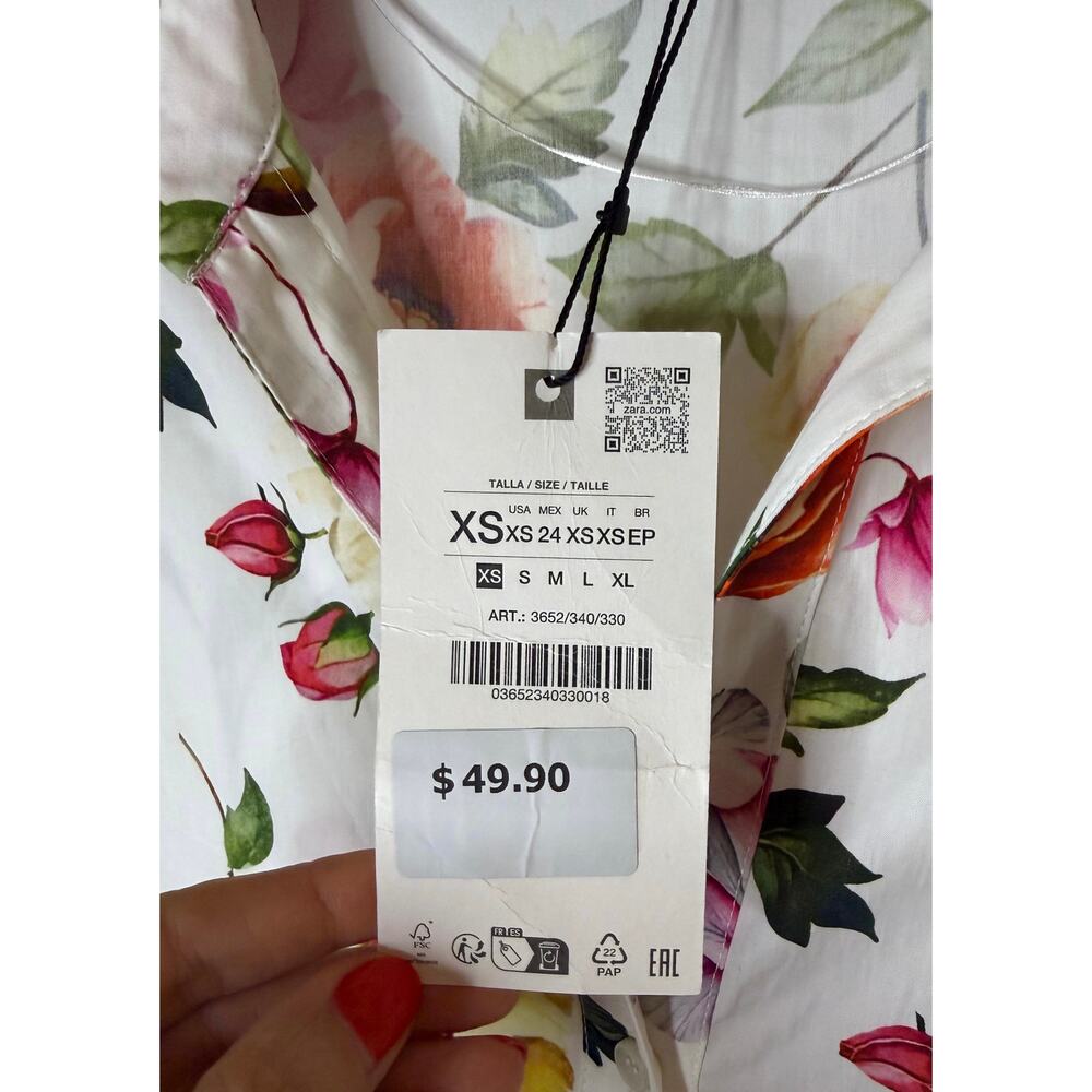 NWT Zara floral-print cropped boxy oversized short sleeves white shirt sz. XS - Picture 6 of 9